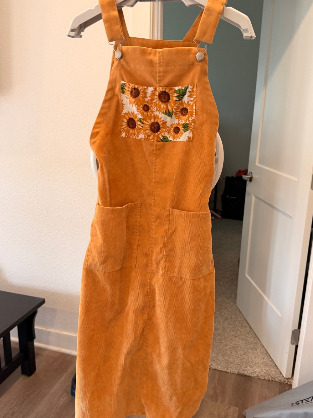 orange creek Mustard Corduroy Sunflower Pocket Pinafore Dress